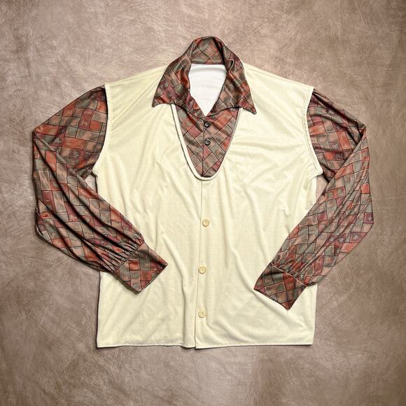 Vintage 70s Layered Geometric Long Sleeve Shirt Collared Vest Retro Mod Disco - Picture 6 of 6